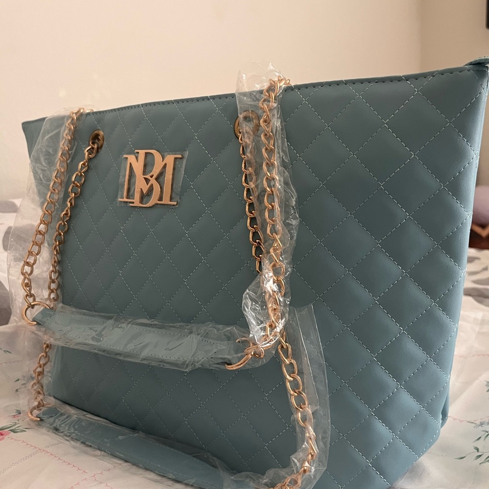 Badgley Mischka Quilted Blue Shoulder Bag with Gold Chain